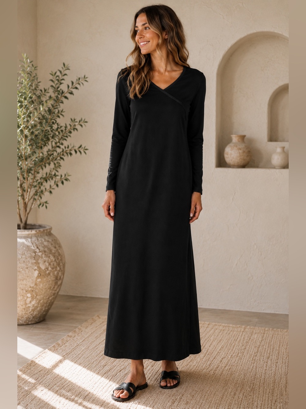 J.Jill Black Tencel Blend Long Sleeve Back Slit Minimalist Soft Maxi Dress
